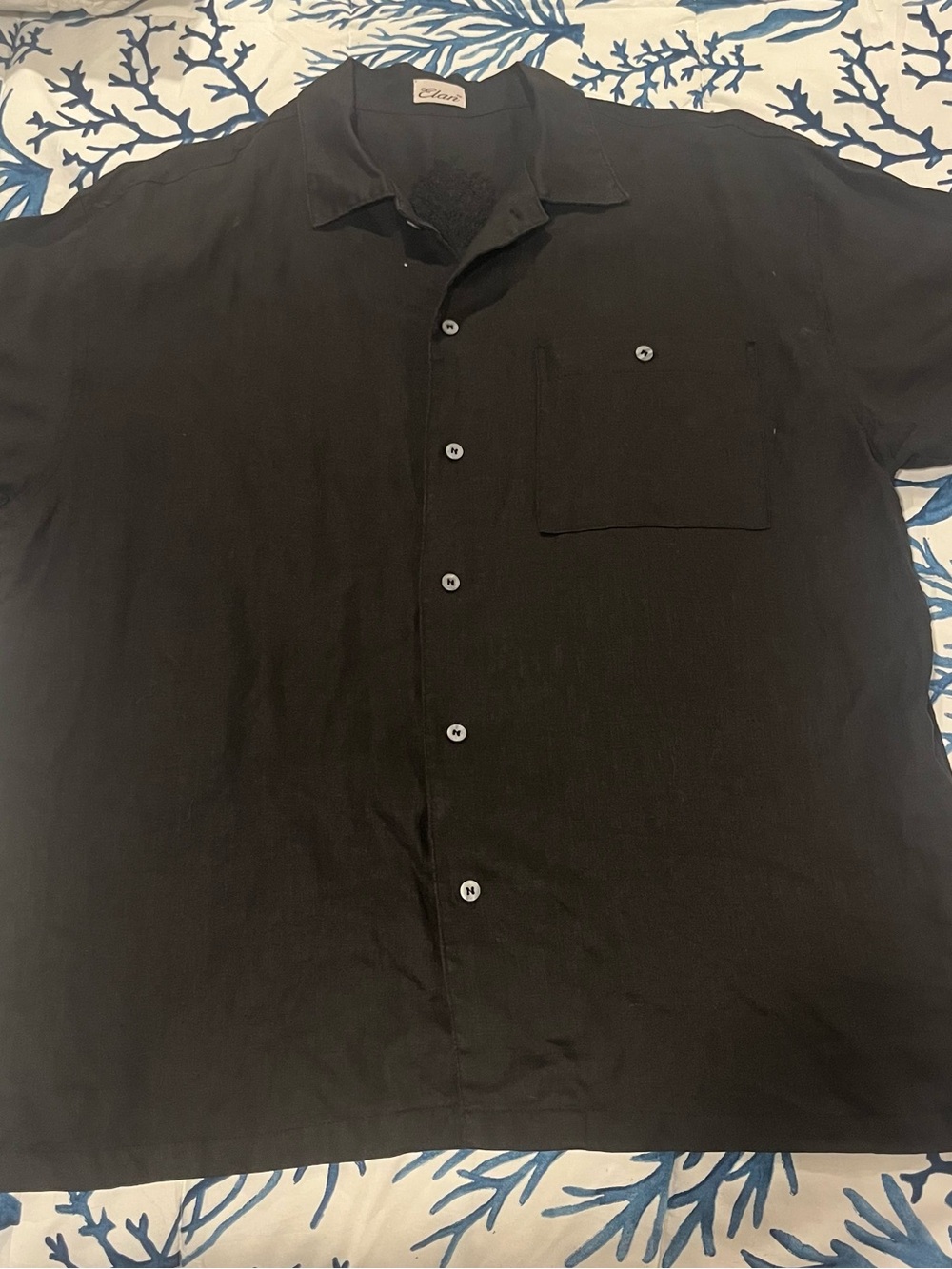 Elan black linen Short-Sleeve Casual Button-Down Shirt